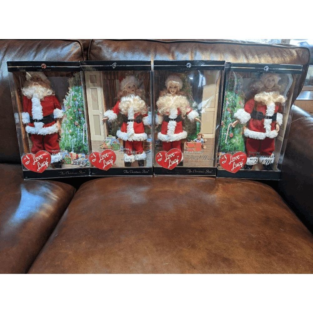 NEW SET OF 4 BARBIE I LOVE LUCY CHRISTMAS SHOW DOLLS LUCY, RICKY, FRED &…
